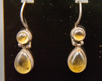 Vtg 925 Sterling Silver Citrine Cabochon Hinge Teardrop Dangle Hook Earrings