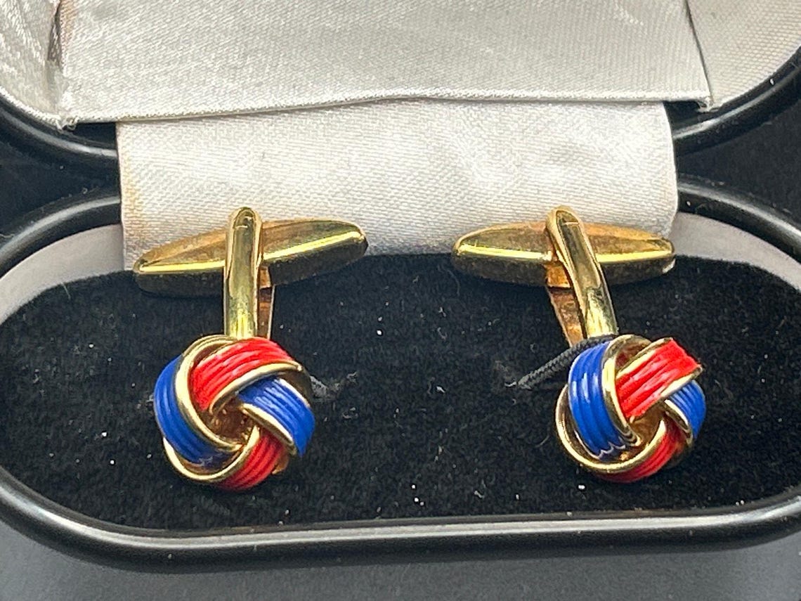 Vintage Red Blue Enamel Love Knot Cufflinks | Gold Tone Boxed Wedding Gift Dad, photo 4 of 5