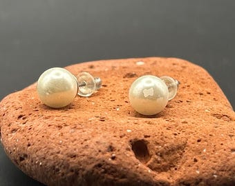 Vintage 6mm Faux Pearl Stud Earrings Silver Tone Posts Classic White