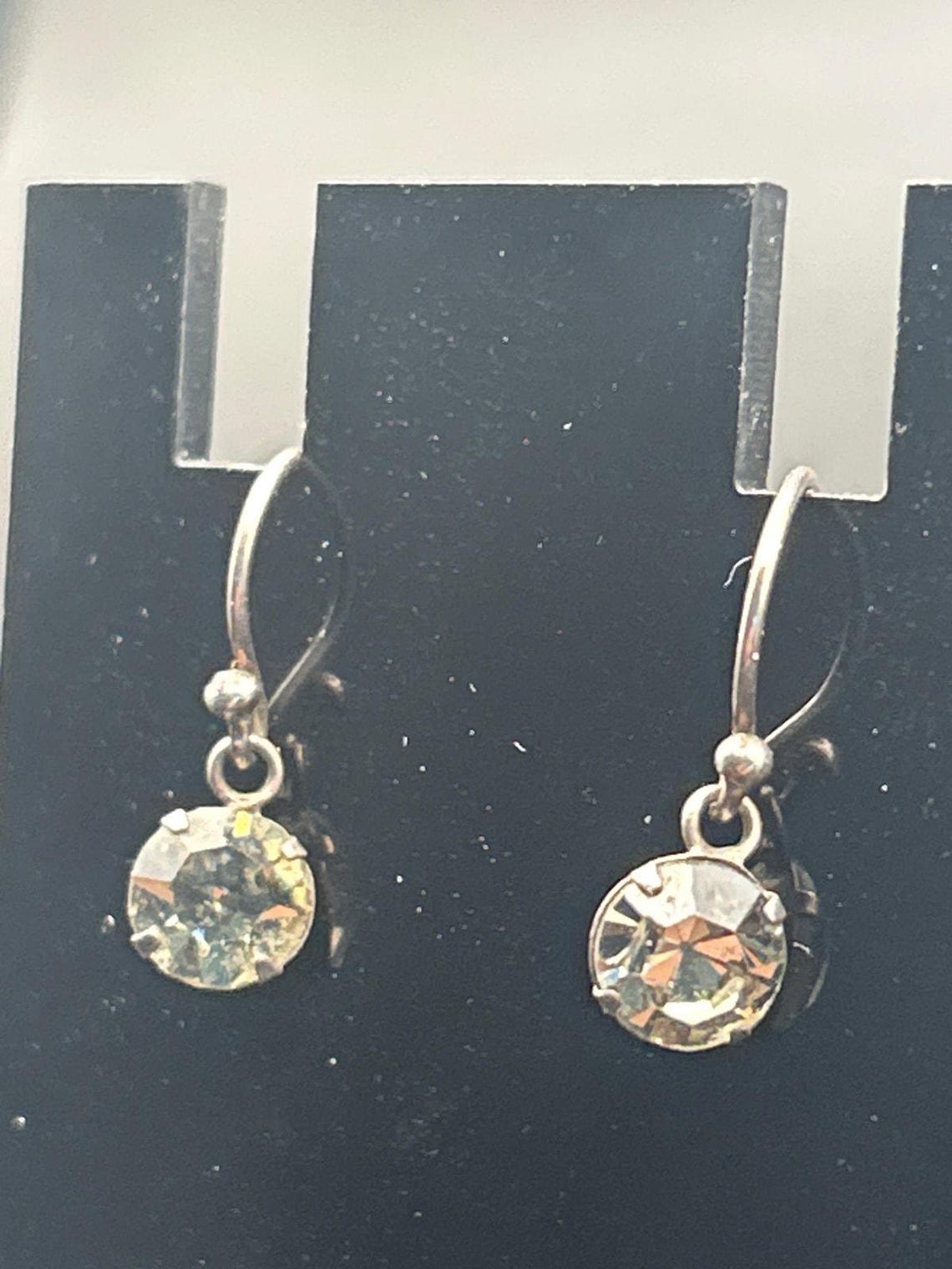 Vintage Silver Tone Aurora Borealis AB Crystal Dangle Earrings Pierced Wire, photo 3 of 4
