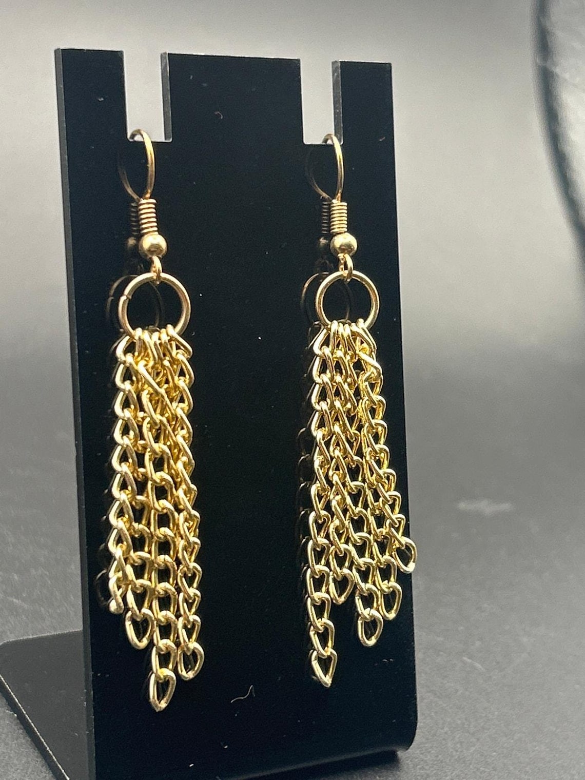 Vintage Gold Tone Multi Strand Fringe Chain Tassel Dangle Earrings, photo 2 of 6