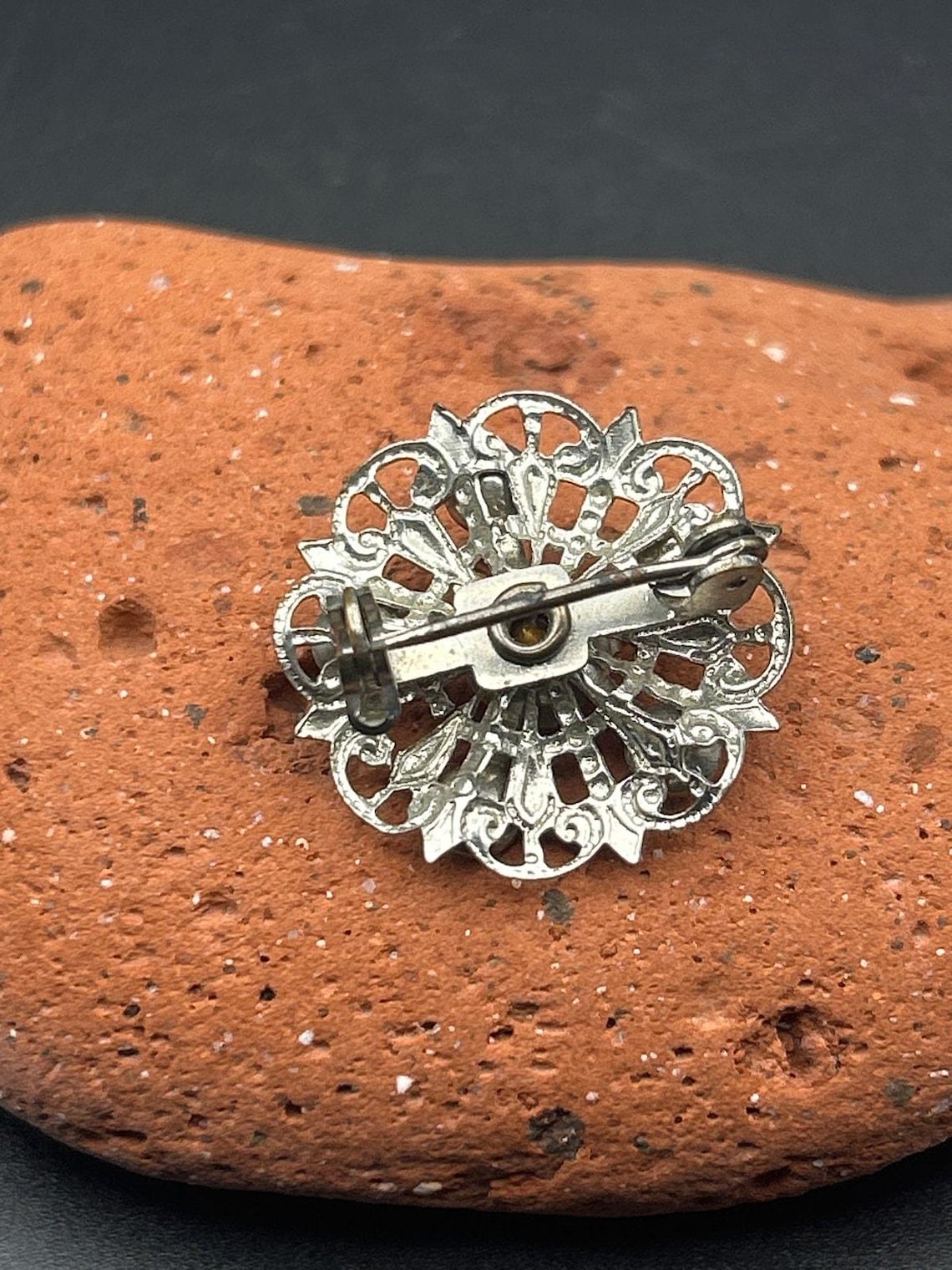 Vintage Mid Century Silver Tone AB Rhinestone Flower Brooch | 1960s Aurora Pin, photo 4 of 5