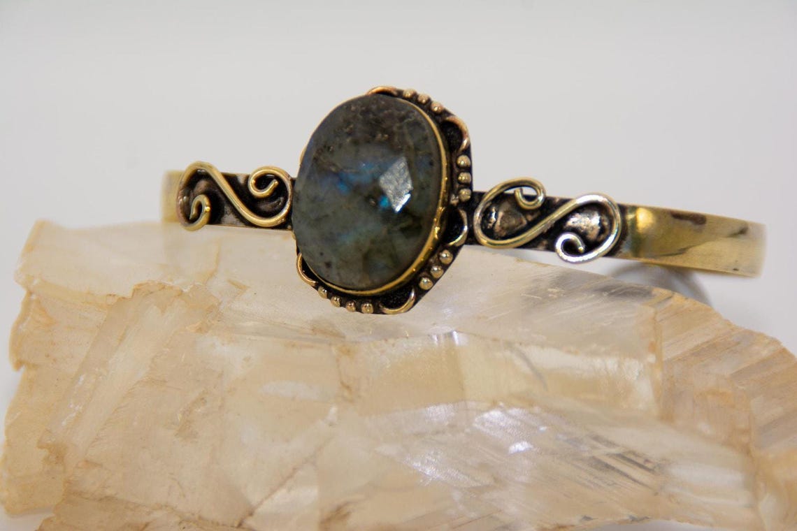 Blue Flash Labradorite Cuff | Gold Over Sterling Silver Boho Bracelet, photo 3 of 9
