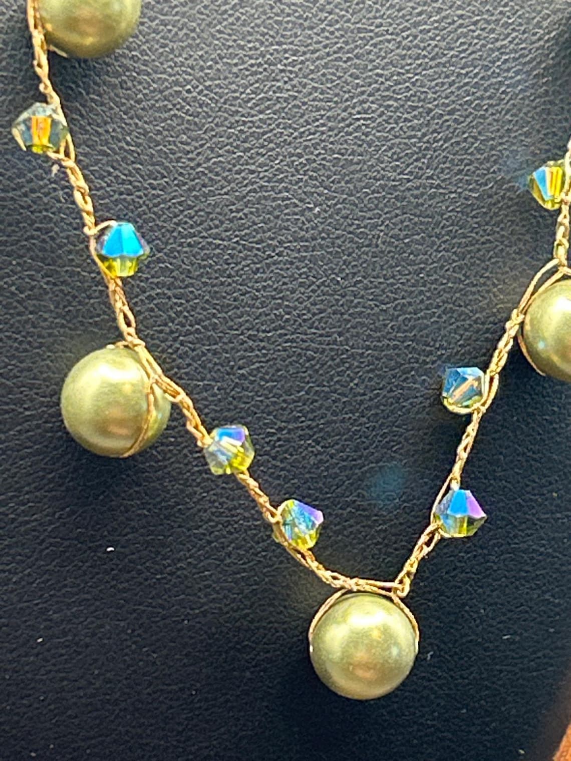 Handmade AB Crystal Gold Tone Station Necklace Wire Wrapped Beads, photo 2 of 4