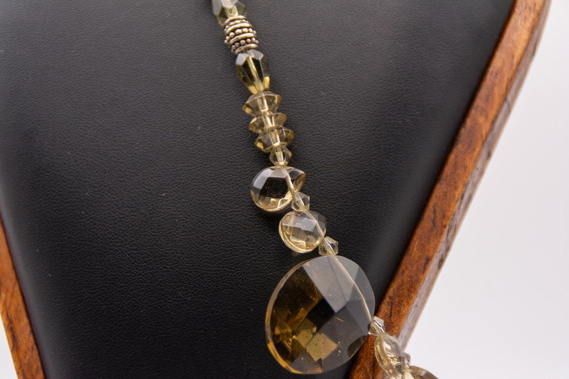 Vintage Smokey Quartz Silver Bead Necklace 16" Graduated Faceted Statement, photo 3 of 5