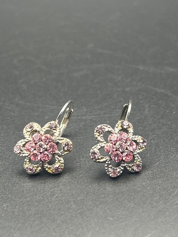 Vintage Silver Tone Pink Rhinestone Floral Dangle Drop Earrings