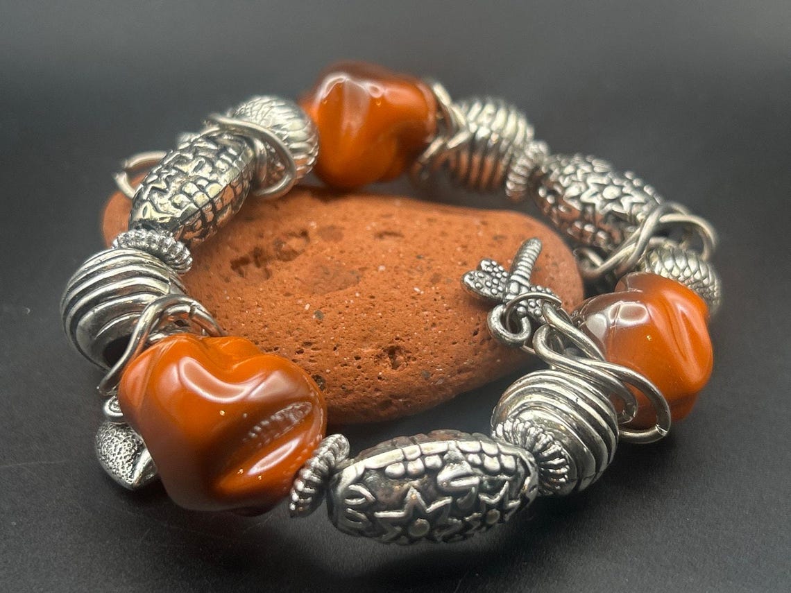 Vintage Orange Beaded Charm Bracelet | Silver Tone Heart Butterfly Dragonfly, photo 3 of 6
