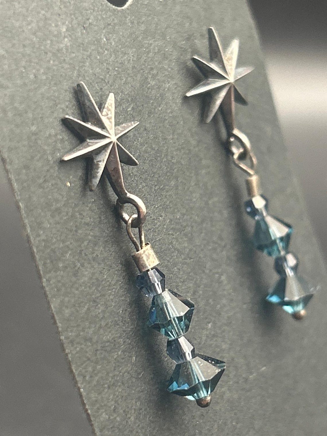 Vintage Sterling Silver 925 North Star Blue Crystal Dangle Drop Post Earrings, photo 3 of 4