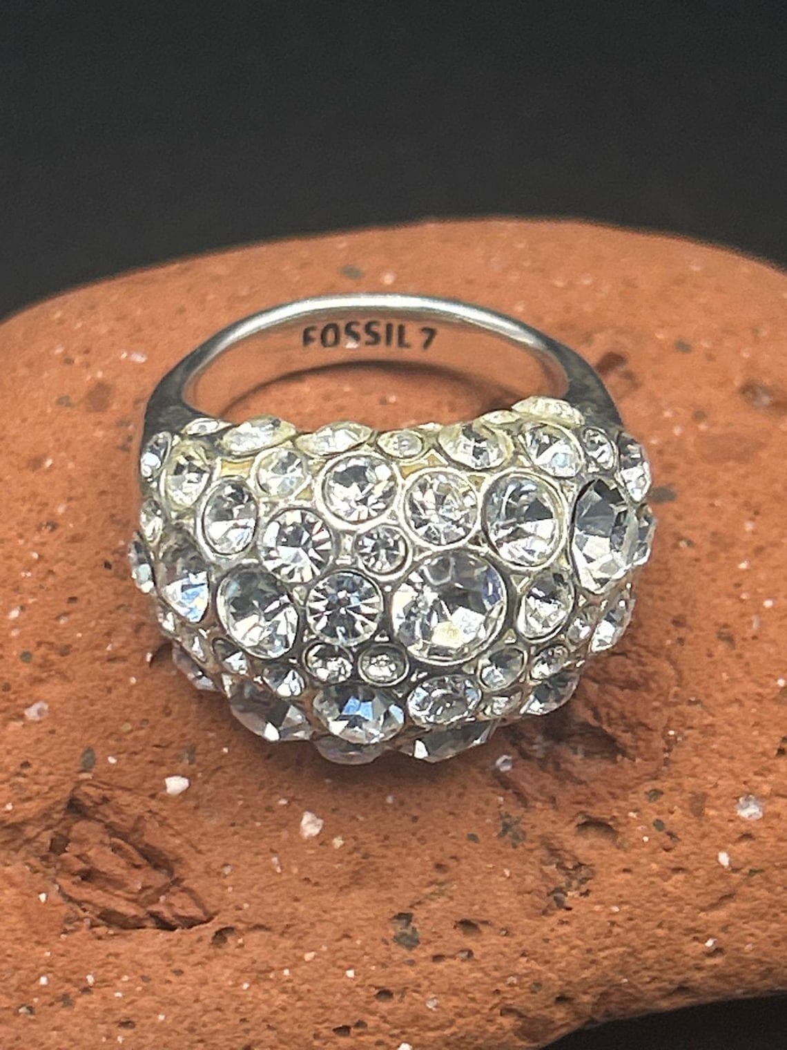 Vintage Fossil Rhinestone Statement Ring Size 7 Silver Tone Pave Dome Y2K 2000s, photo 7 of 7