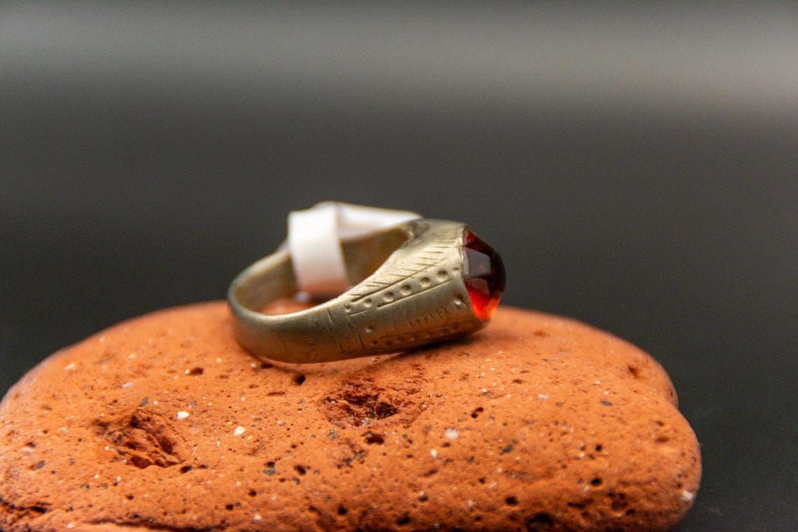 Afghan Kochi Tribal Ring, Handmade Silver-Toned Red Glass Stone, Size 8, photo 2 of 6