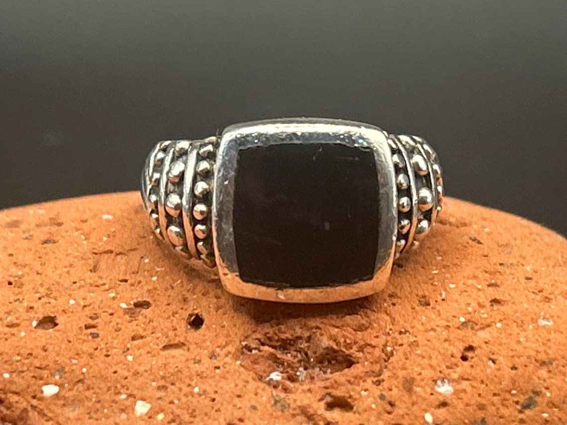 Vintage 90s Sterling Silver Black Onyx Statement Ring Size 7 Thailand 925 Ribbon, photo 2 of 7