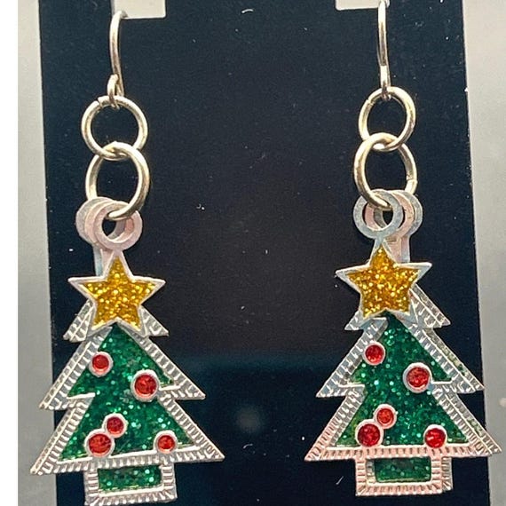 Christmas Tree Enamel Silver Tone Triple Layer Dangle Earrings Holiday Xmas