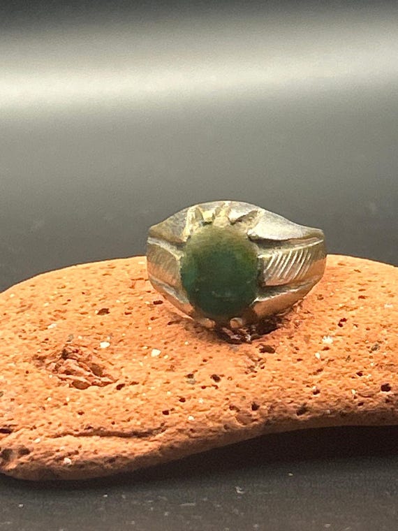 Vintage Afghan Kochi Tribal Ring Brass Alloy Green Glass Cabochon Size 10.5