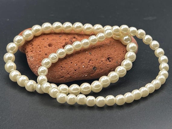 Vintage 1980s Faux Pearl Stretch Bracelets Set of 2 | Retro Stackable Ivory