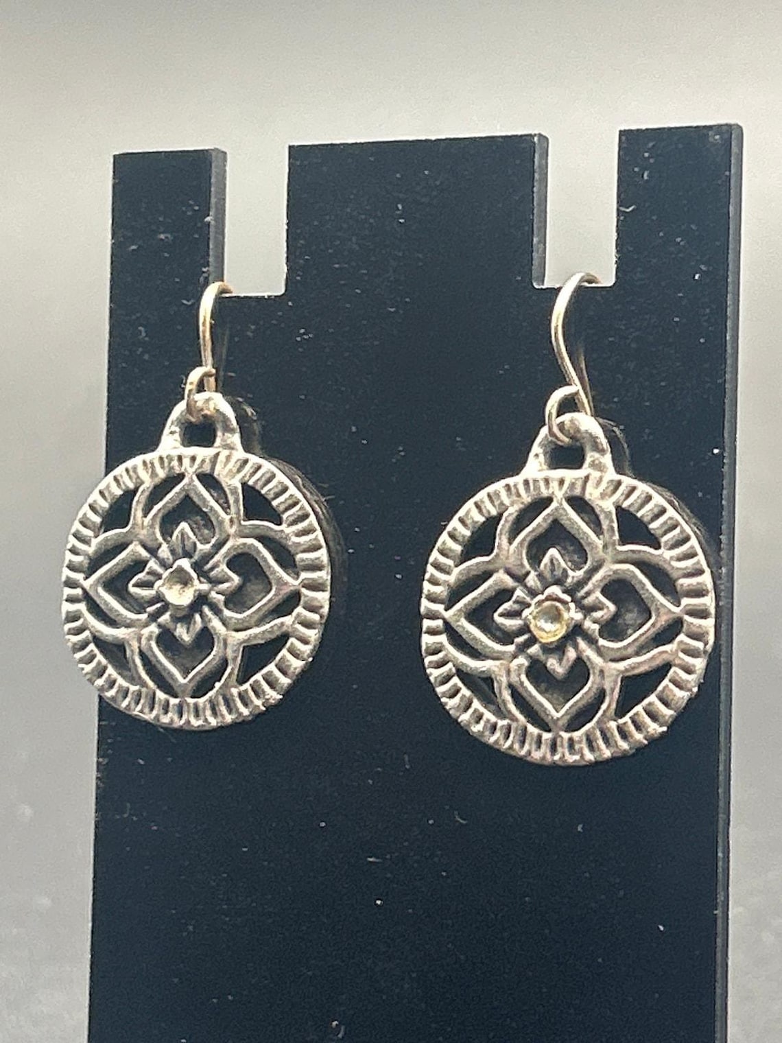 Vintage Silver Tone SE Asian Style Embossed Floral Disc Dangle Earrings, photo 3 of 7