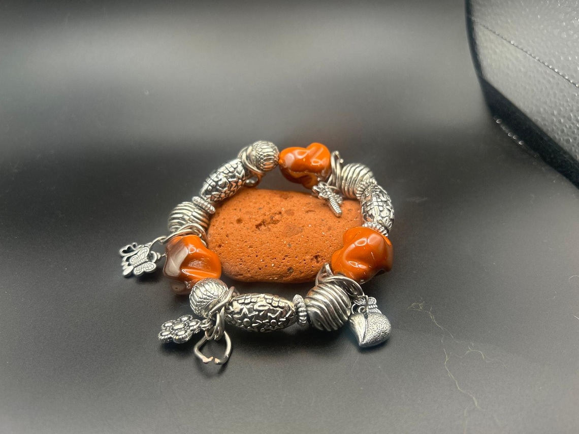 Vintage Orange Beaded Charm Bracelet | Silver Tone Heart Butterfly Dragonfly, photo 2 of 6
