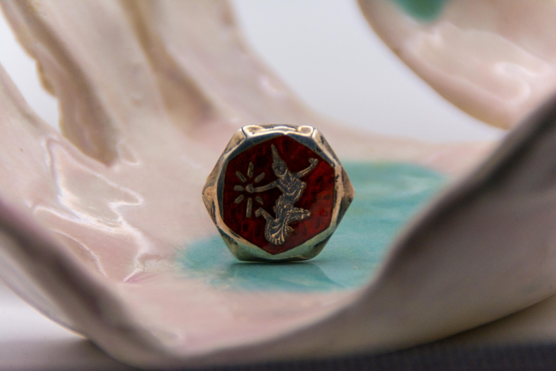 Vintage Siam Sterling Mekhala Niello Cufflinks Goddess Lightning Art Deco Thai pre-1939, photo 5 of 5