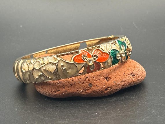 Vintage Floral Enamel Hinged Clamper Bangle Bracelet | Gold Tone Orange Green