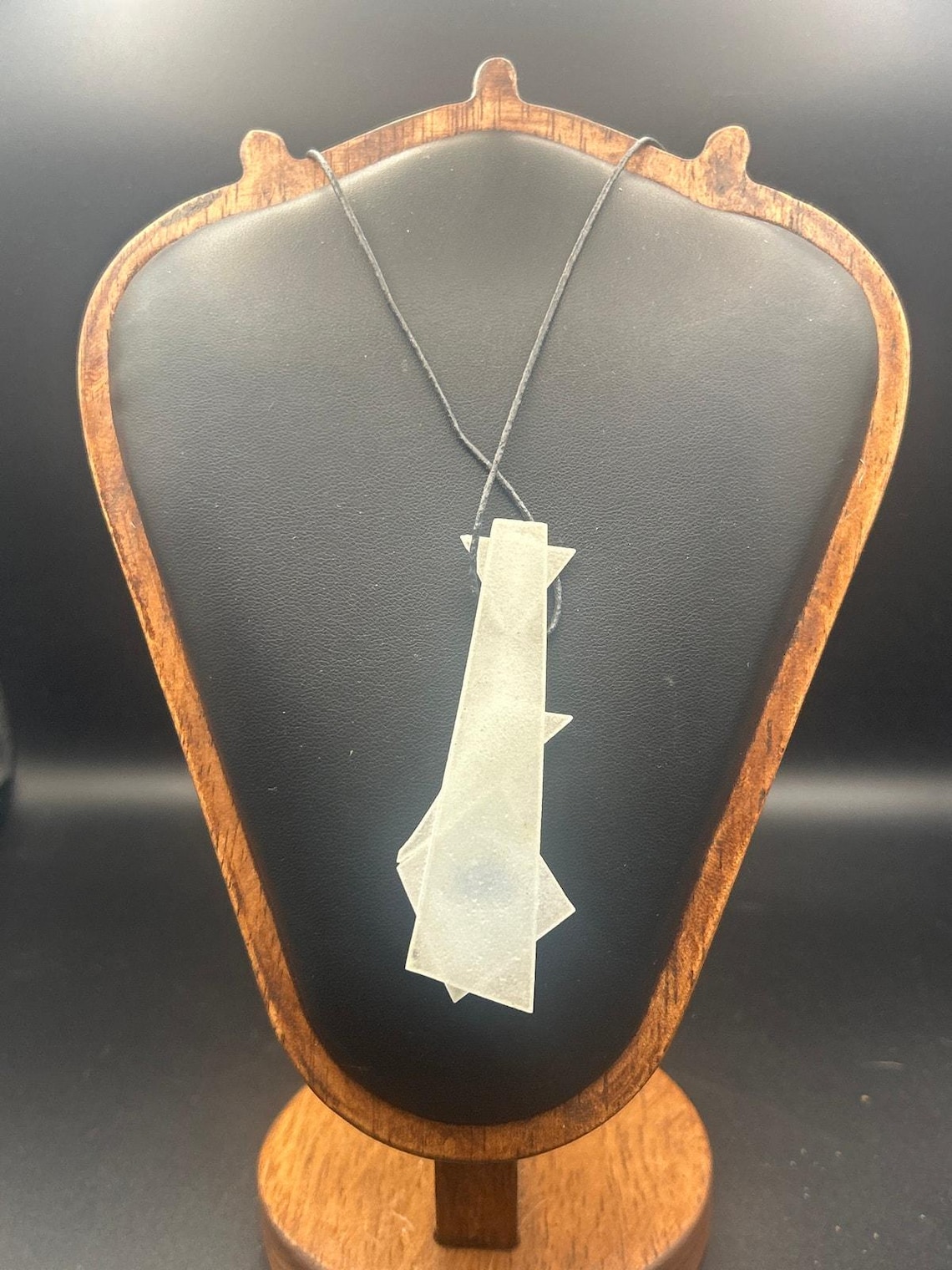 Handmade White Light Blue Fused Art Glass Pendant Cord Necklace Studio, photo 3 of 5