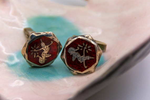 Vintage Siam Sterling Mekhala Niello Cufflinks Goddess Lightning Art Deco Thai pre-1939