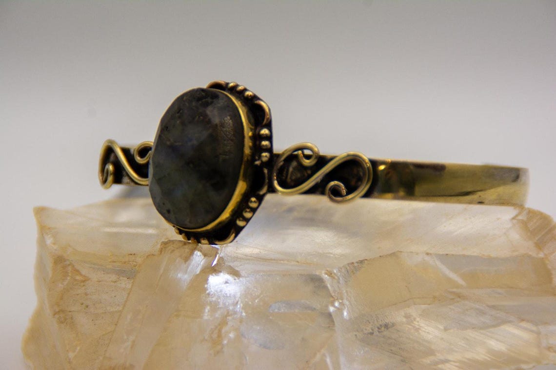 Blue Flash Labradorite Cuff | Gold Over Sterling Silver Boho Bracelet, photo 9 of 9