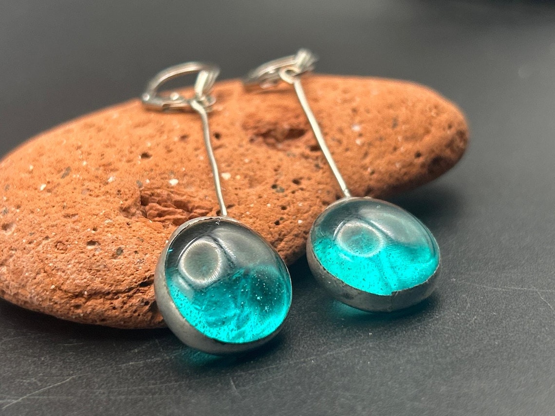 Handmade Fused Glass Drop Earrings Teal Blue Green Art Glass Dangle, photo 3 of 5