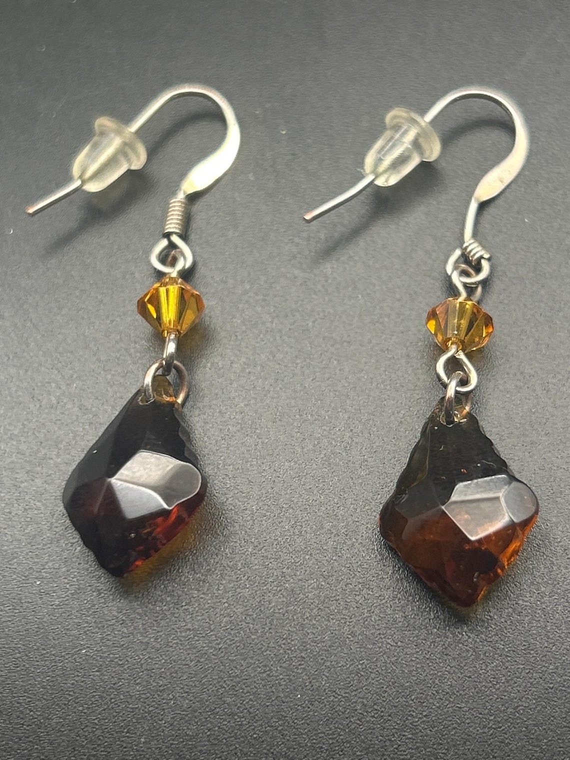Vintage Amber Faceted Dangle Earrings | Orange Bead Diamond Drop, photo 4 of 6