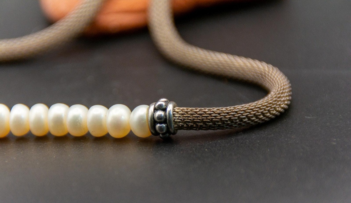 Vintage Pearl Mesh Necklace, Heavy 925 Sterling Silver Popcorn Choker PAJ, photo 2 of 6