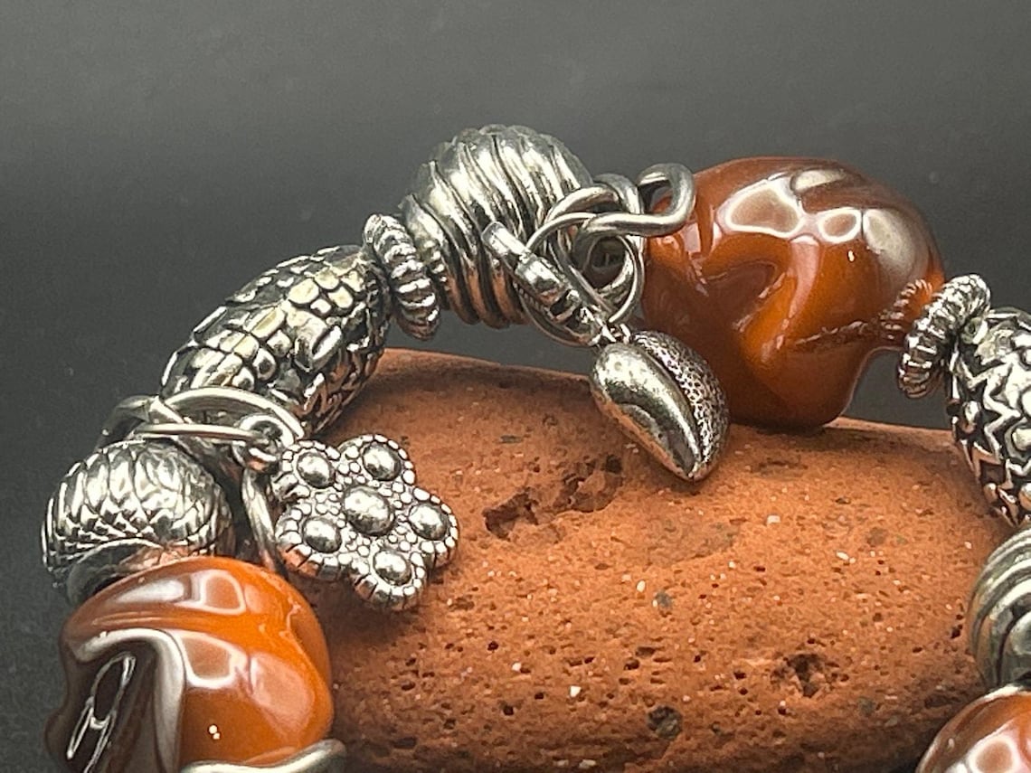 Vintage Orange Beaded Charm Bracelet | Silver Tone Heart Butterfly Dragonfly, photo 5 of 6