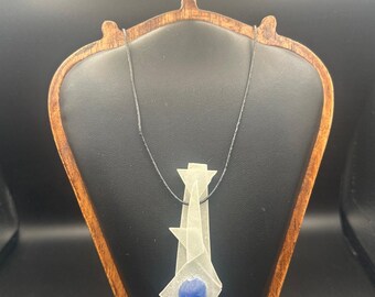 Handmade White Light Blue Fused Art Glass Pendant Cord Necklace Studio