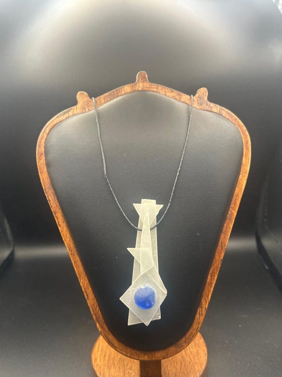 Handmade White Light Blue Fused Art Glass Pendant Cord Necklace Studio