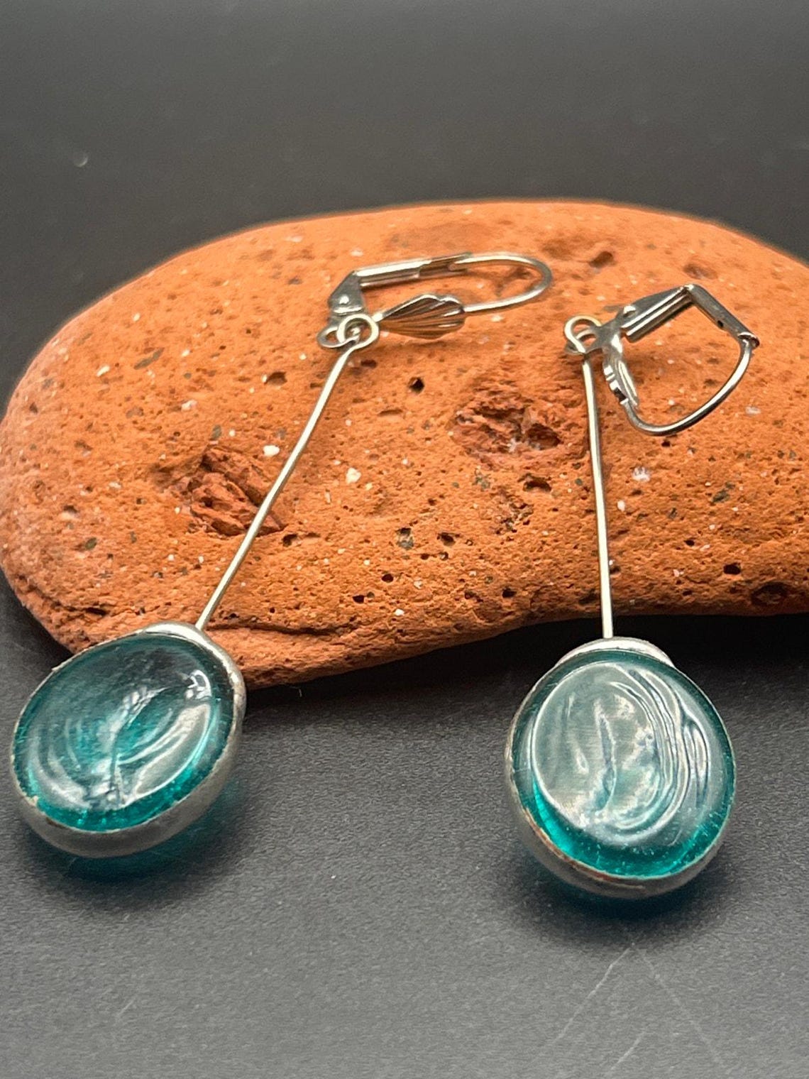 Handmade Fused Glass Drop Earrings Teal Blue Green Art Glass Dangle, photo 5 of 5