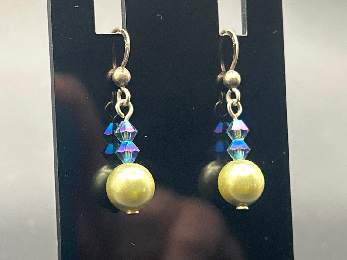 Handmade Olive Green Faux Pearl AB Crystal Bead Drop Dangle Earrings, photo 2 of 4