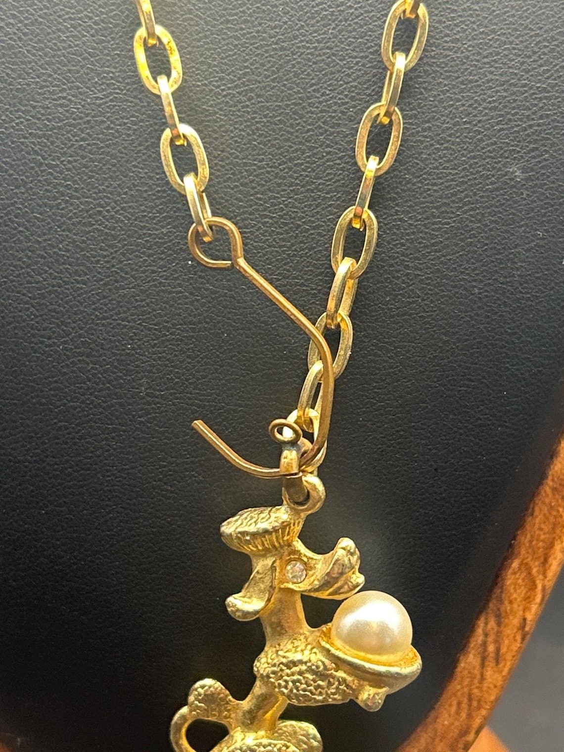 Vintage Gold Tone Poodle Dog Pendant Necklace | 3D Retro Toy Zipper Pull Charm, photo 4 of 5