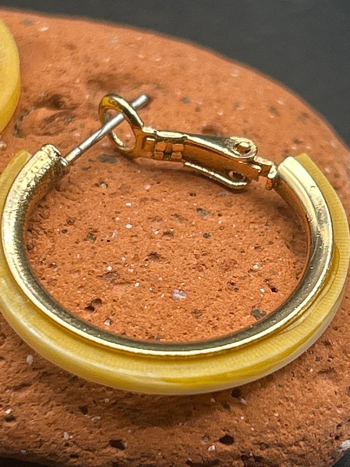 Vintage Gold Hoop Earrings with Shell Inlay | Chunky 1” Boho Creoles, photo 2 of 5