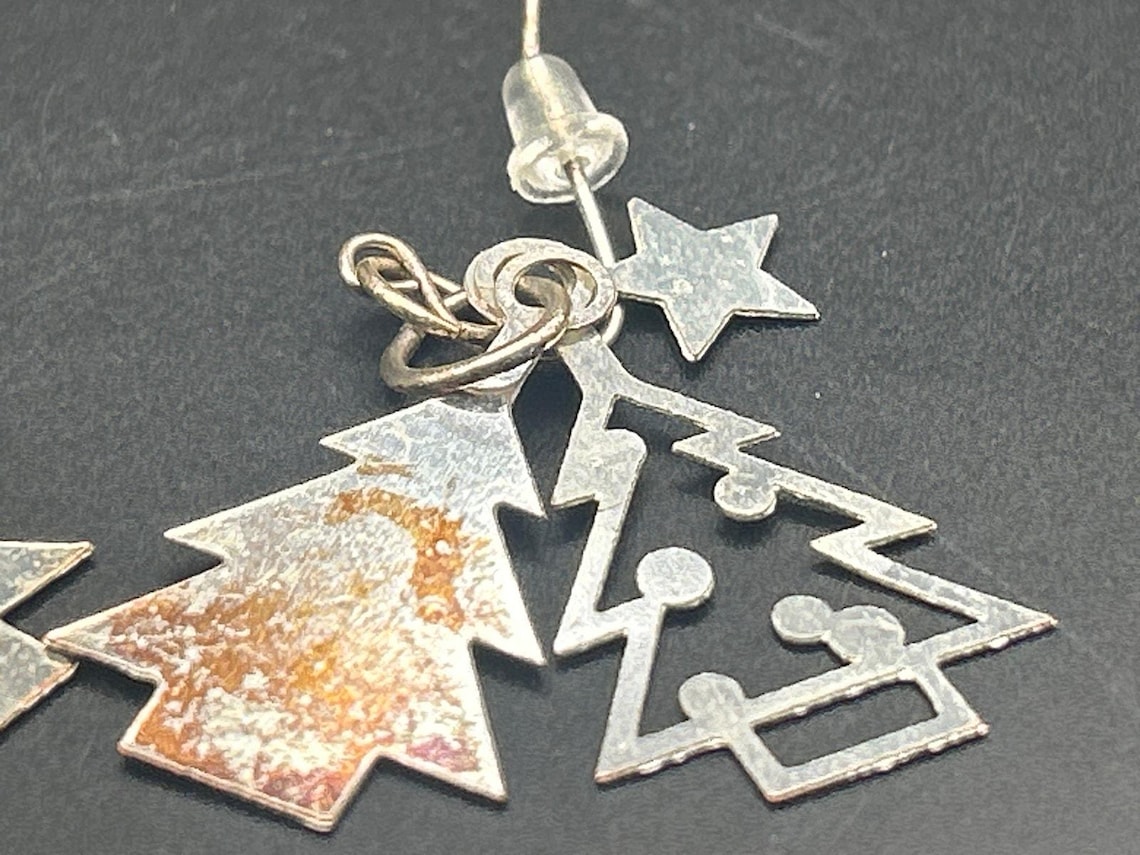 Christmas Tree Enamel Silver Tone Triple Layer Dangle Earrings Holiday Xmas, photo 6 of 6