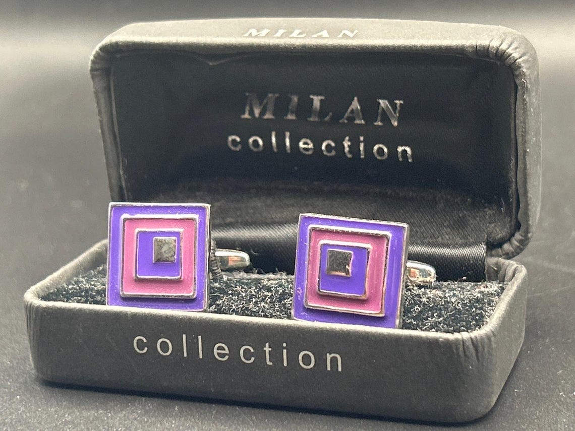 Vintage Milan Collection Cufflinks | Retro Purple Pink Nested Geometric Boxed, photo 3 of 8