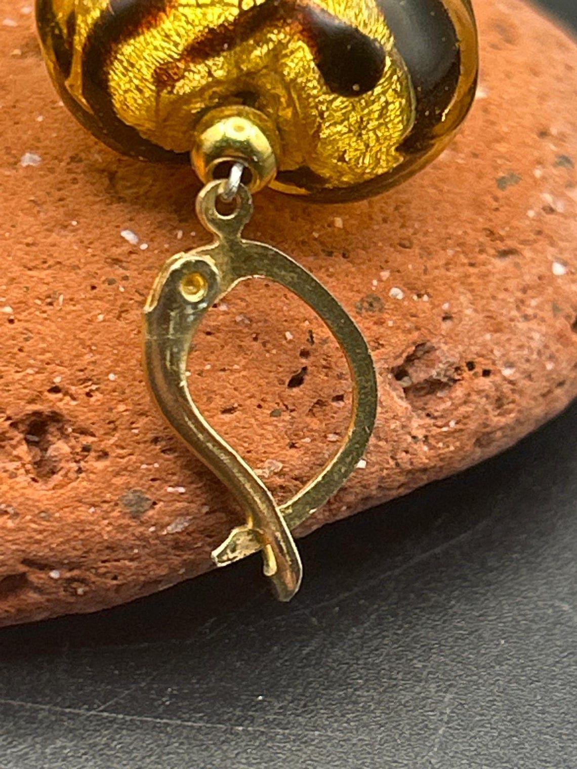Handmade Glass Animal Print Heart Dangle Earrings Gold Tone Drop, photo 8 of 8