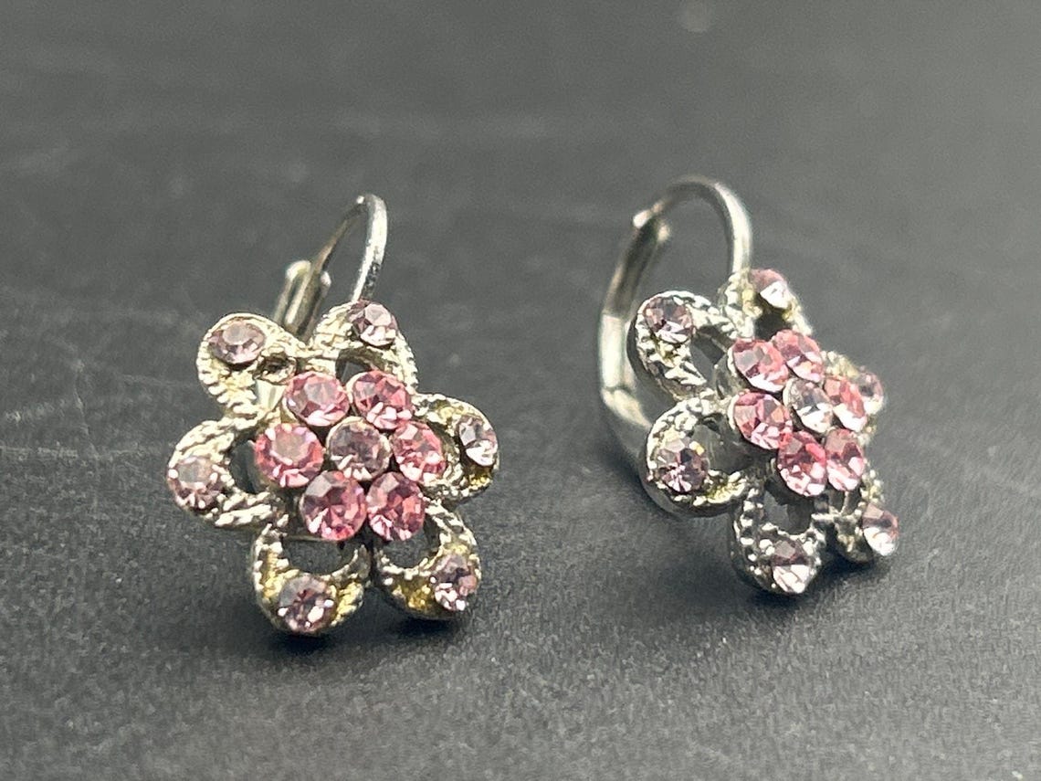 Vintage Silver Tone Pink Rhinestone Floral Dangle Drop Earrings, photo 2 of 6