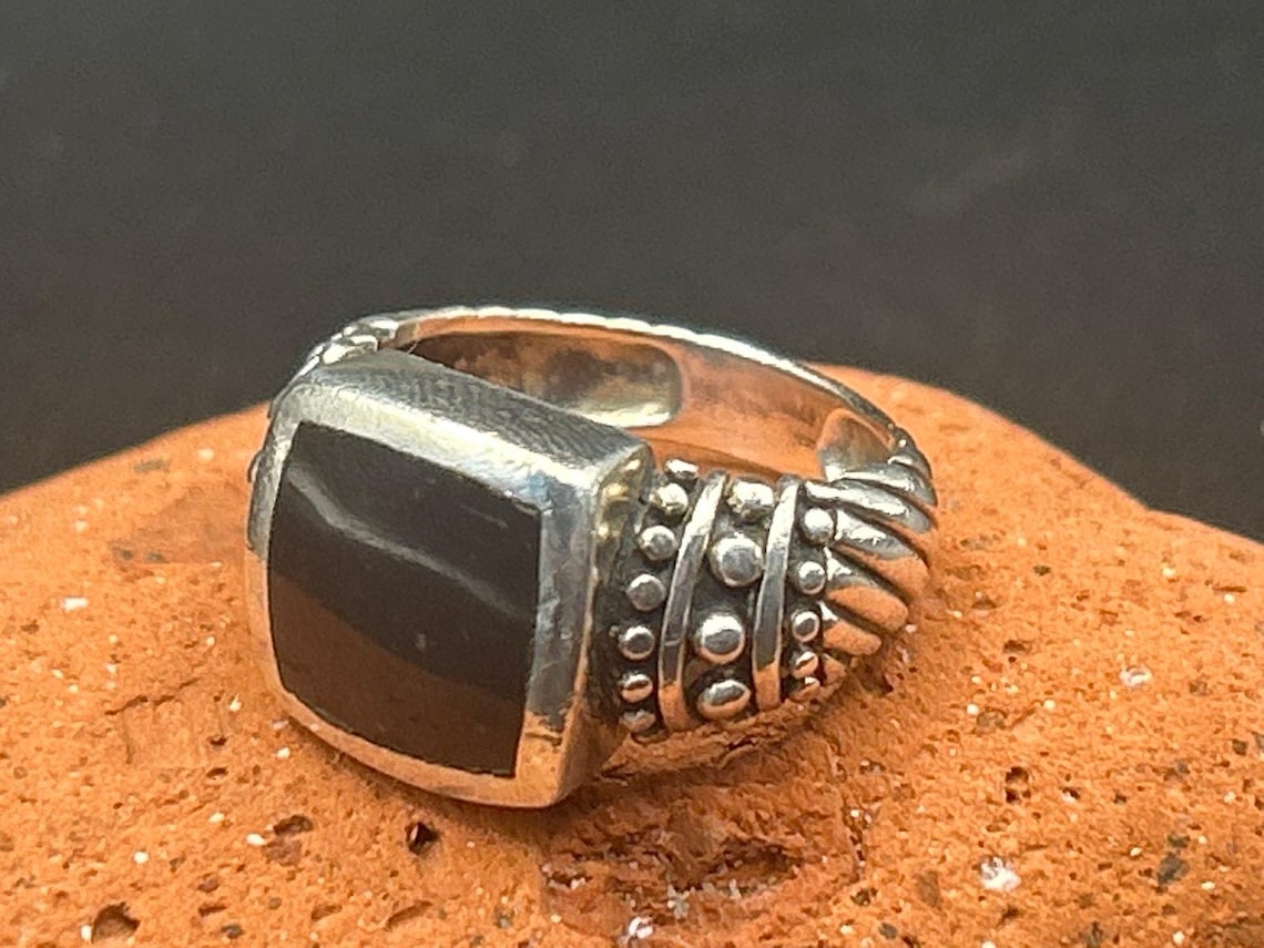 Vintage 90s Sterling Silver Black Onyx Statement Ring Size 7 Thailand 925 Ribbon, photo 3 of 7