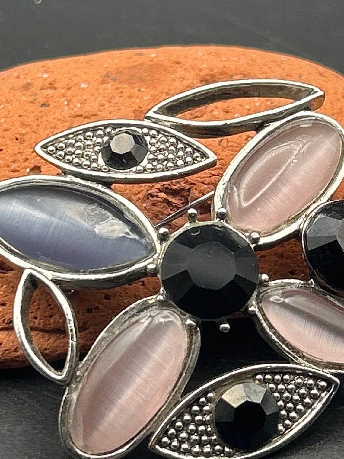 Vintage 1980s Evil Eye Brooch Pin Pink Black Purple Marquise Silver Tone Gothic, photo 4 of 5