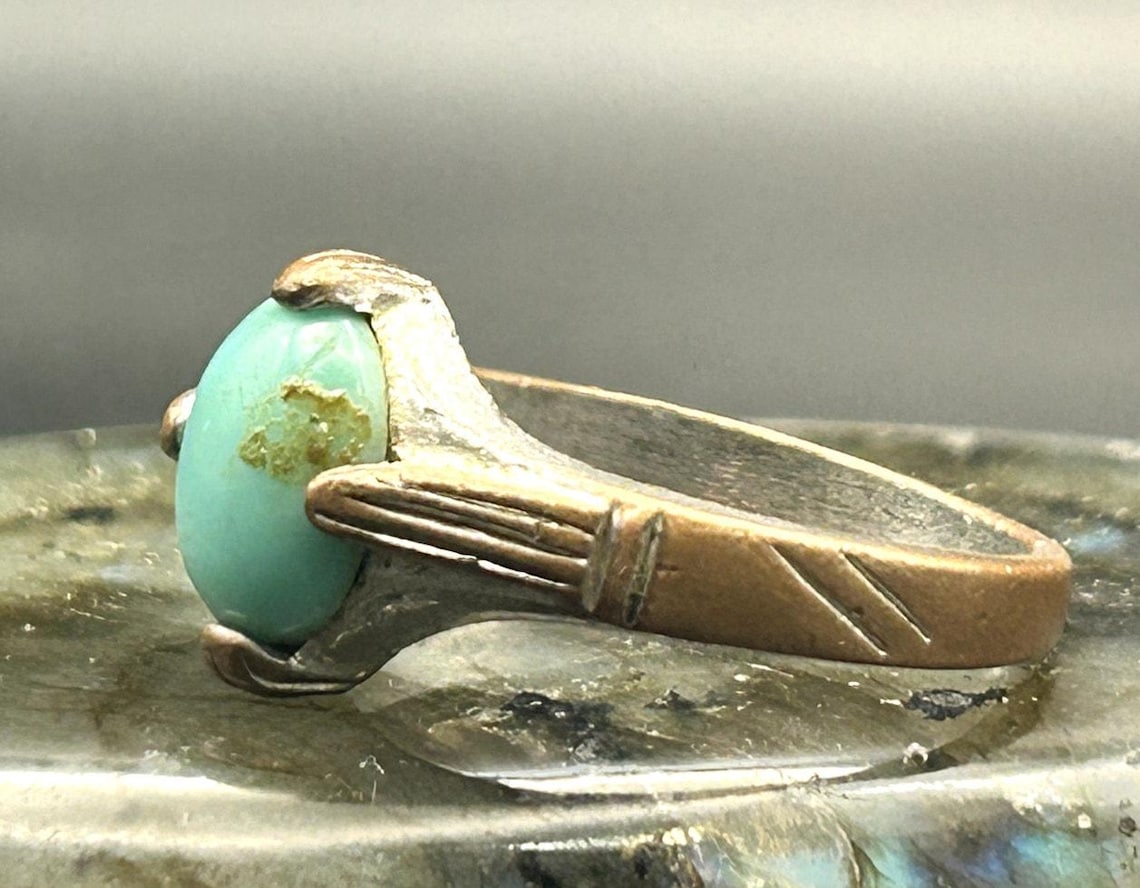 Vintage Afghan Kuchi Tribal Ring Brass Turquoise Stone Size 10 Two Tone Boho, photo 2 of 7