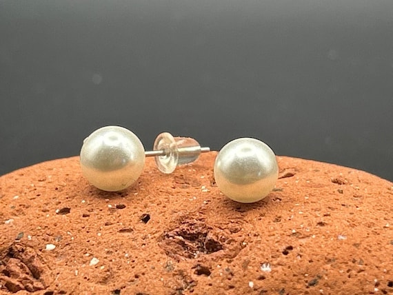 Vintage 6mm Faux Pearl Stud Earrings Silver Tone Posts Classic White