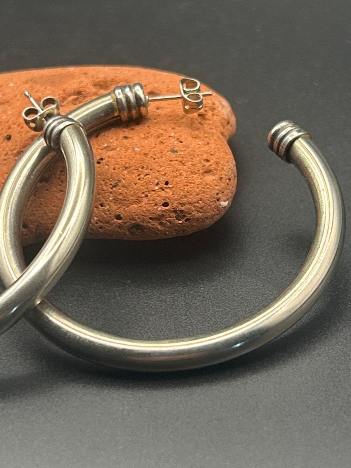 Vintage Silver Tone Wire Wrapped Cuffed Open Hoop Earrings 2 Inch, photo 3 of 6
