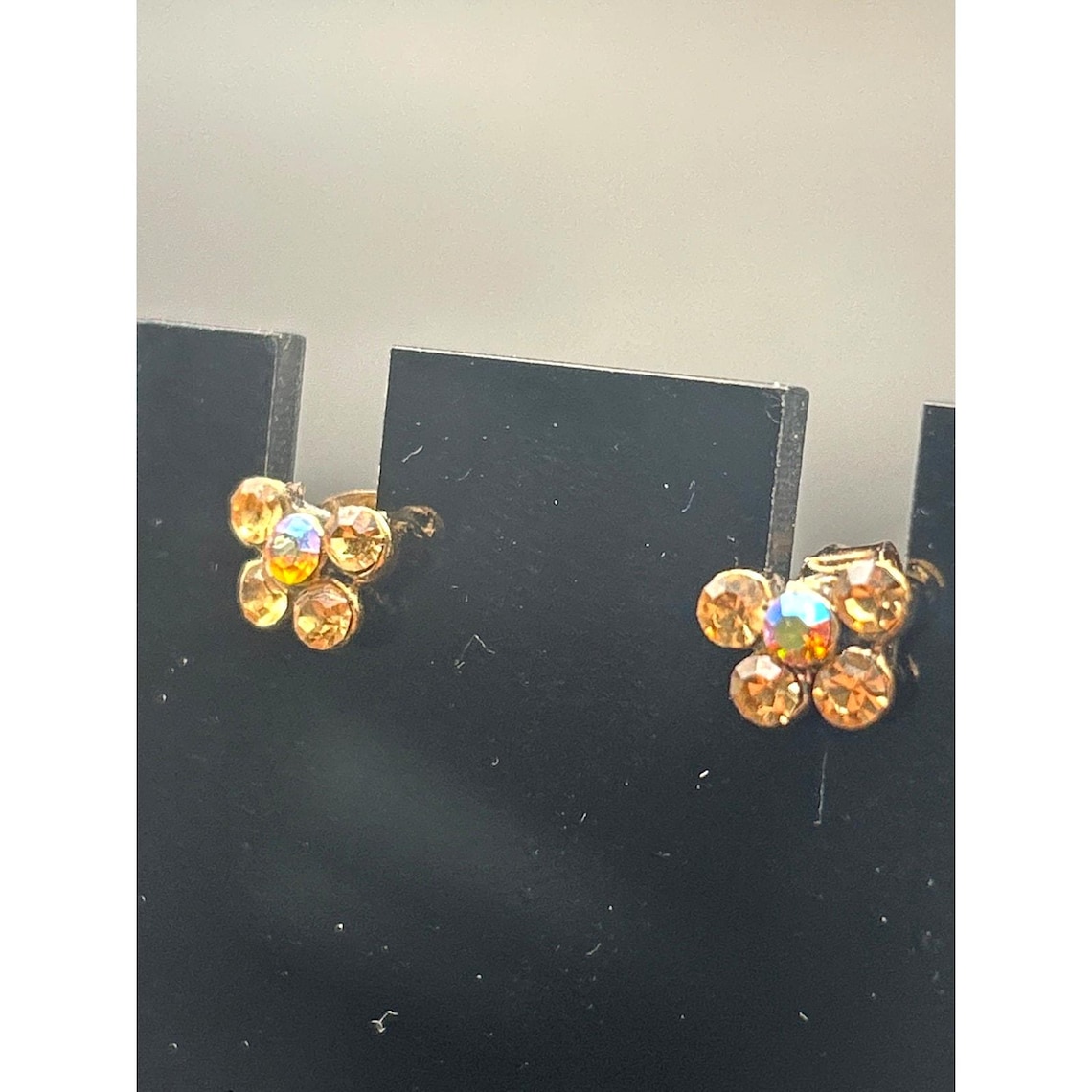 Vintage Gold Tone AB Crystal Cluster Spiral Earrings Iridescent Dangle Drop, photo 3 of 5