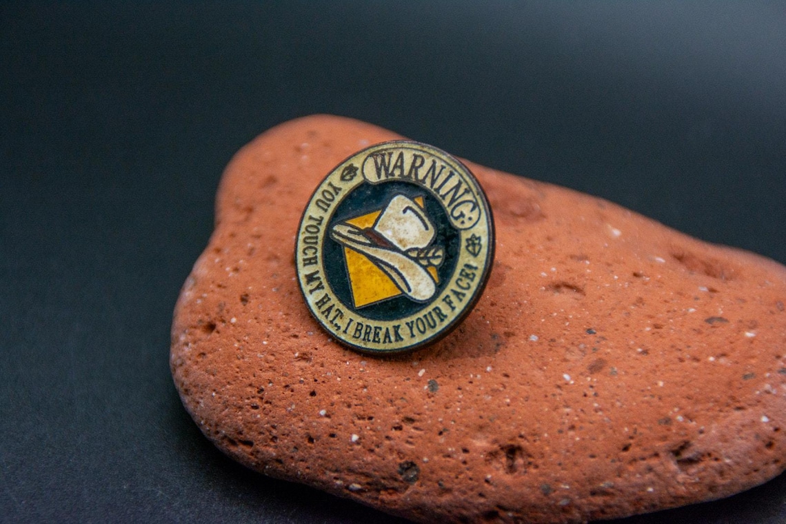 Vintage Don't Touch My Cowboy Hat Warning Break Your Face Enamel Lapel Pin, photo 3 of 6