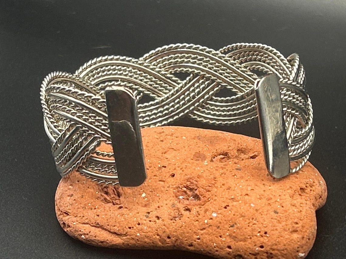 Vintage Silver Tone Braided Wire Cuff Bracelet Mixed Texture Open Bangle Adjust, photo 3 of 5
