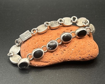 Vintage Taxco 925 Sterling Silver Heavy Black Onyx Link Bracelet 7" Mexico