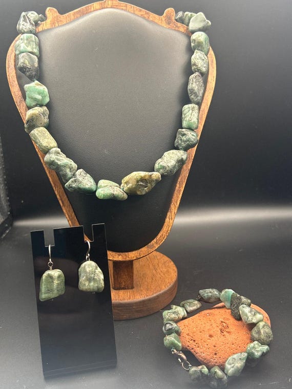 Vintage Lucoral LUC 925 Sterling Silver Raw Emerald 3 Pc Jewelry Set Stuller