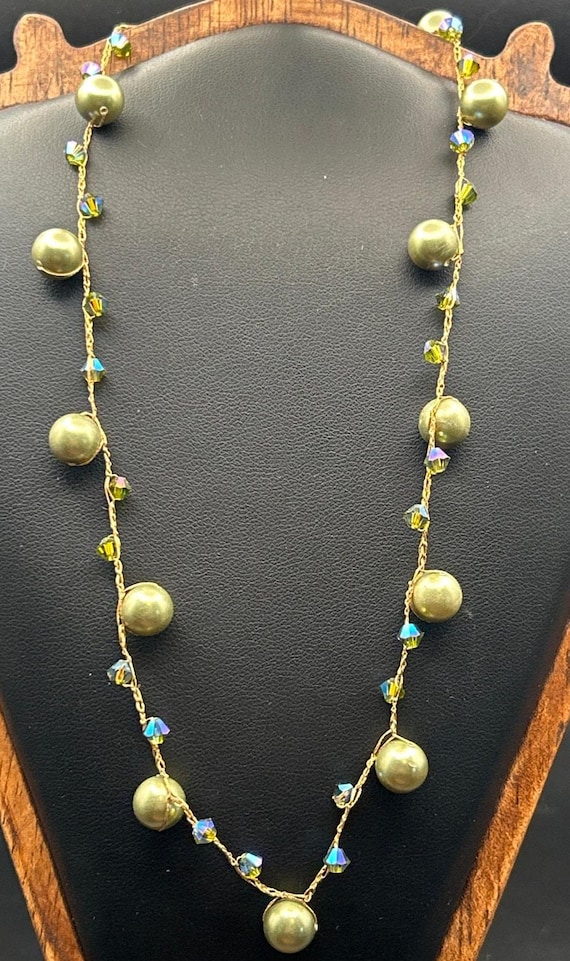 Handmade AB Crystal Gold Tone Station Necklace Wire Wrapped Beads